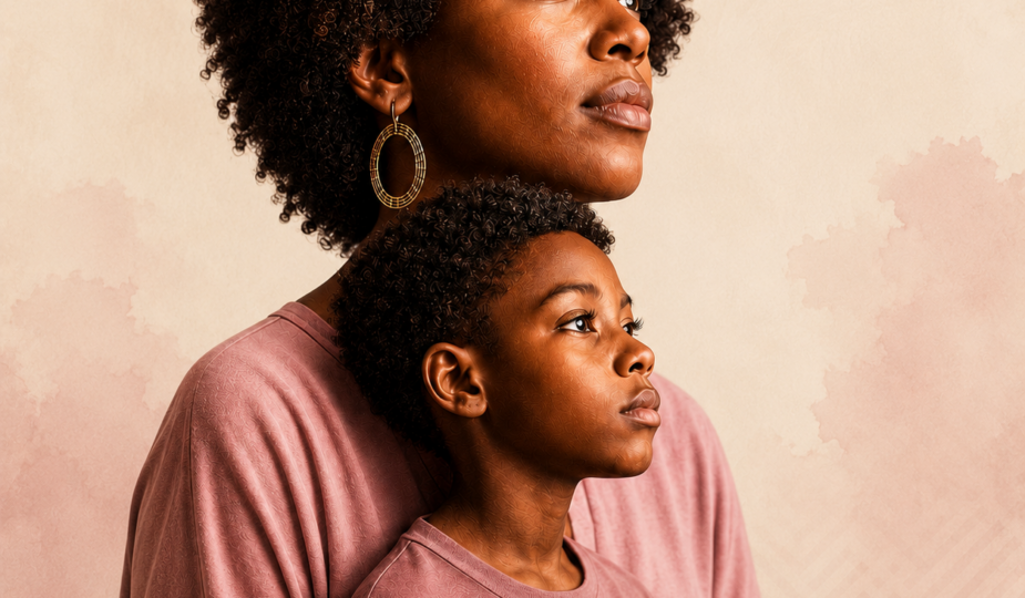 Mulher negra e criança negra em imagem sobre ancestralidade, educação e desigualdade social e racial no Brasil.