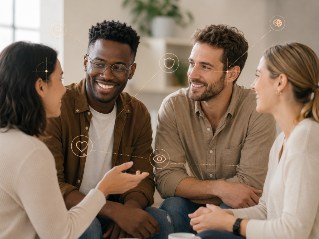 Pessoas conversando enquanto o cérebro interpreta expressões, gestos e sinais sociais na formação da primeira impressão.