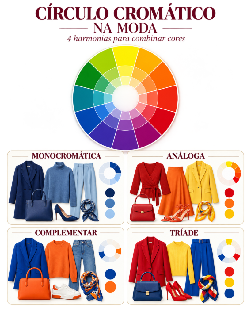 Círculo cromático aplicado à moda com exemplos de combinações monocromática, análoga, complementar e tríade.