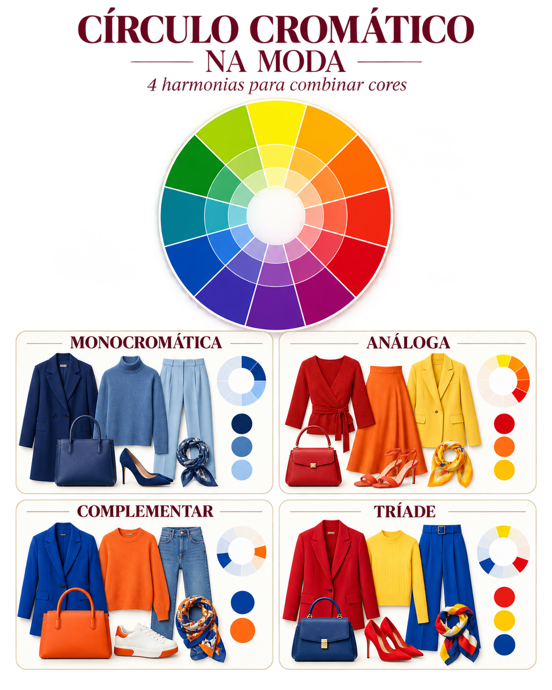 Círculo cromático aplicado à moda com exemplos de combinações monocromática, análoga, complementar e tríade.