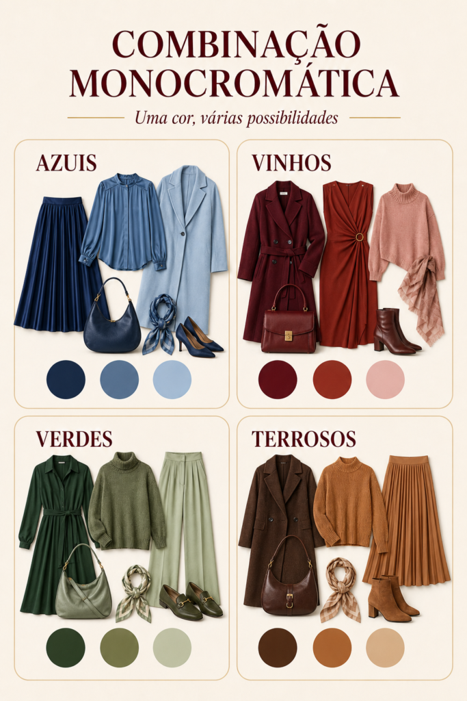 Looks monocromáticos em azul, vinho, verde e tons terrosos, criados com diferentes profundidades da mesma família de cor.