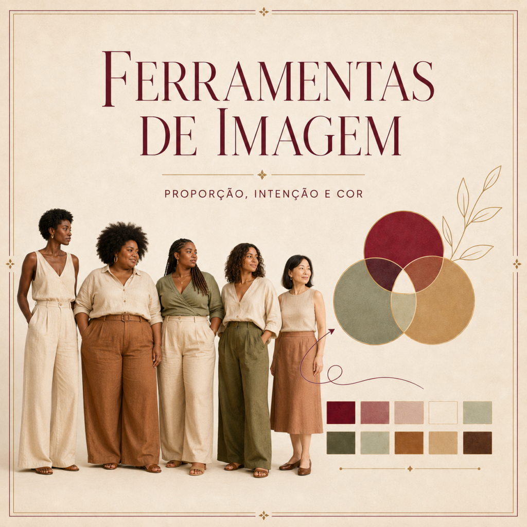 Capa das Ferramentas de Imagem com cinco mulheres brasileiras diversas, incluindo mulheres negras afro-brasileiras, mulher plus size, mulher madura e diferentes proporções corporais, ao lado de círculos de harmonia e uma paleta cromática.