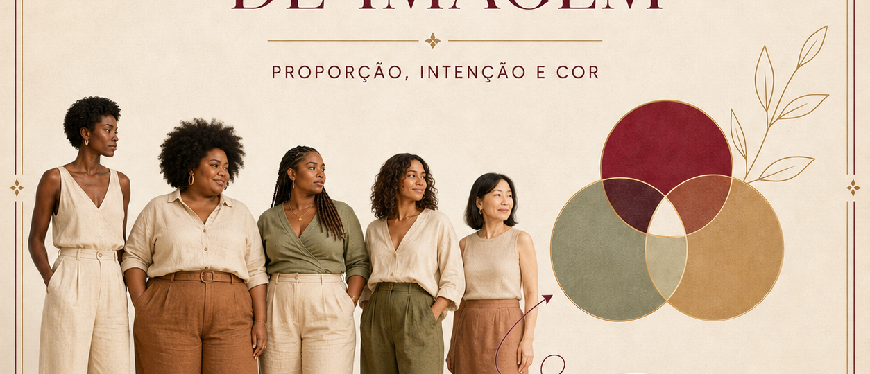 Capa das Ferramentas de Imagem com cinco mulheres brasileiras diversas, incluindo mulheres negras afro-brasileiras, mulher plus size, mulher madura e diferentes proporções corporais, ao lado de círculos de harmonia e uma paleta cromática.