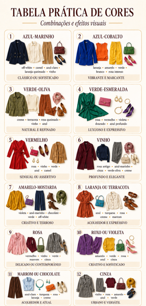 Tabela prática com 12 combinações de roupas reais em diferentes estilos e cores, demonstrando efeitos clássicos, vibrantes, naturais, elegantes, criativos e urbanos.