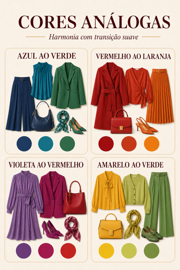 Looks com cores análogas em transições de azul ao verde, vermelho ao laranja, violeta ao vermelho e amarelo ao verde.