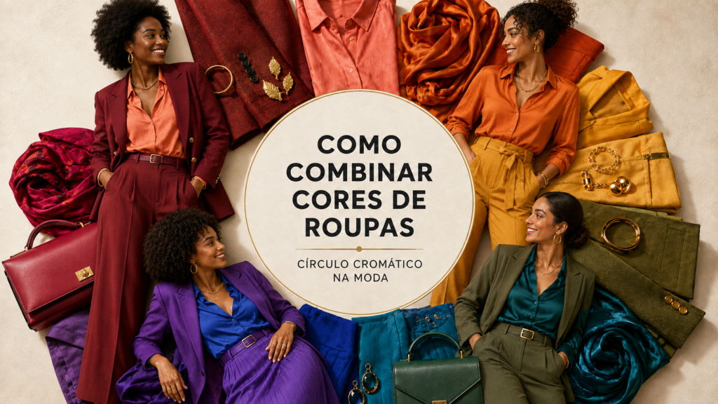 Mulheres negras vestindo combinações de cores em vinho e coral, laranja e mostarda, azul e violeta, verde-oliva e azul-petróleo ao redor do título Como combinar cores de roupas.