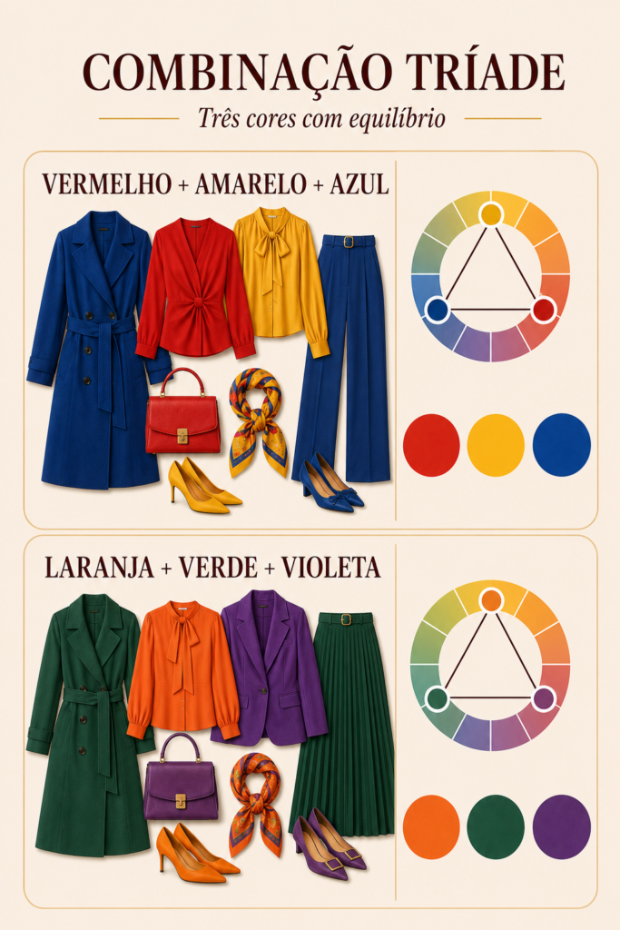 Looks femininos nas tríades vermelho, amarelo e azul, e laranja, verde e violeta, acompanhados de diagramas do círculo cromático.