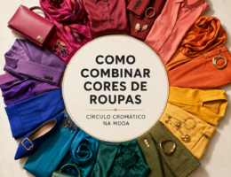 Roupas e acessórios coloridos organizados em círculo cromático, mostrando como combinar cores de roupas.