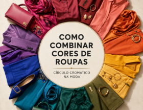 Roupas e acessórios coloridos organizados em círculo cromático, mostrando como combinar cores de roupas.