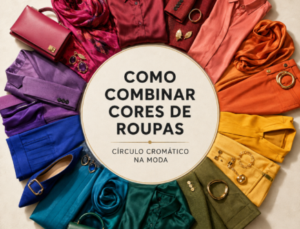 Roupas e acessórios coloridos organizados em círculo cromático, mostrando como combinar cores de roupas.