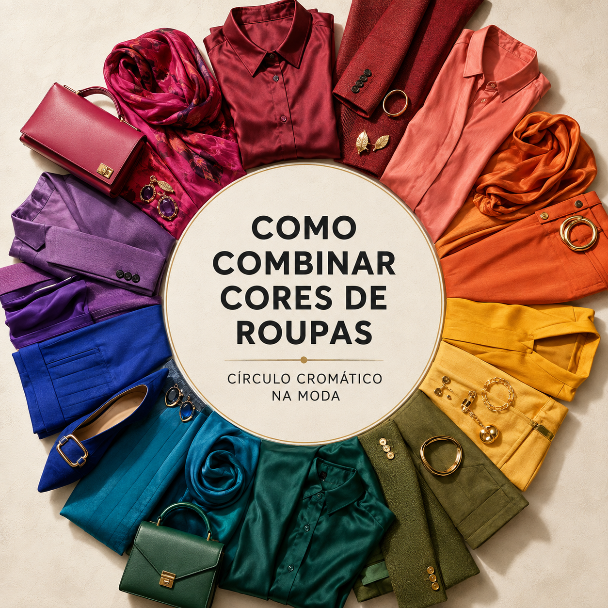 Roupas e acessórios coloridos organizados em círculo cromático, mostrando como combinar cores de roupas.