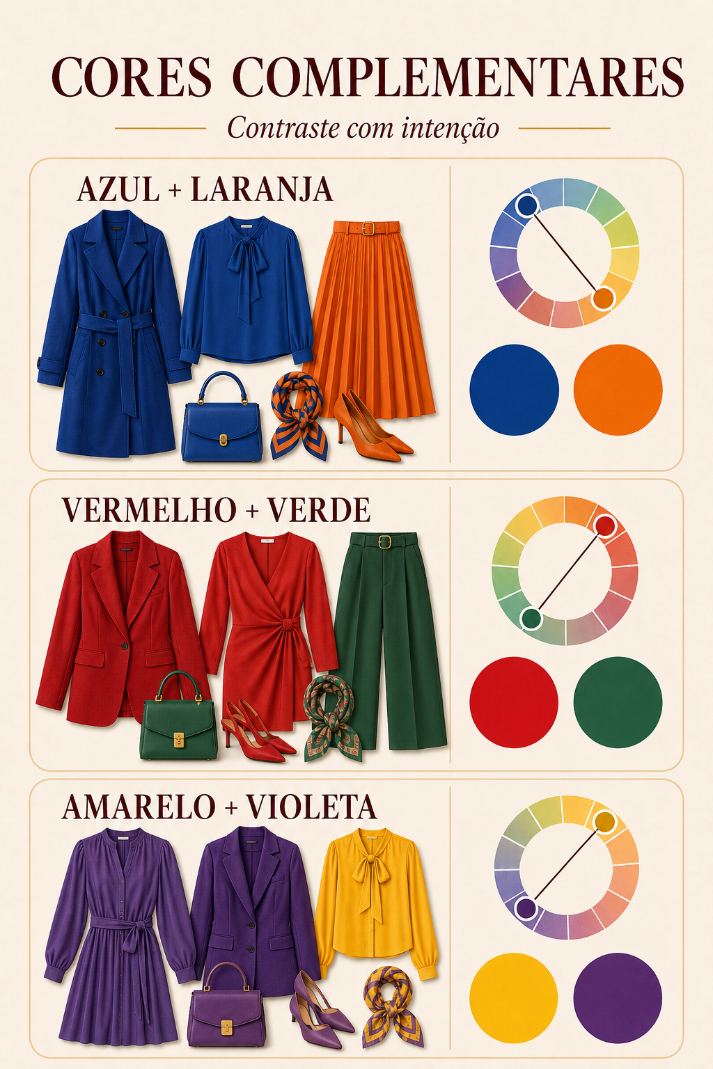 Looks femininos com os pares complementares azul e laranja, vermelho e verde, amarelo e violeta, indicados no círculo cromático.