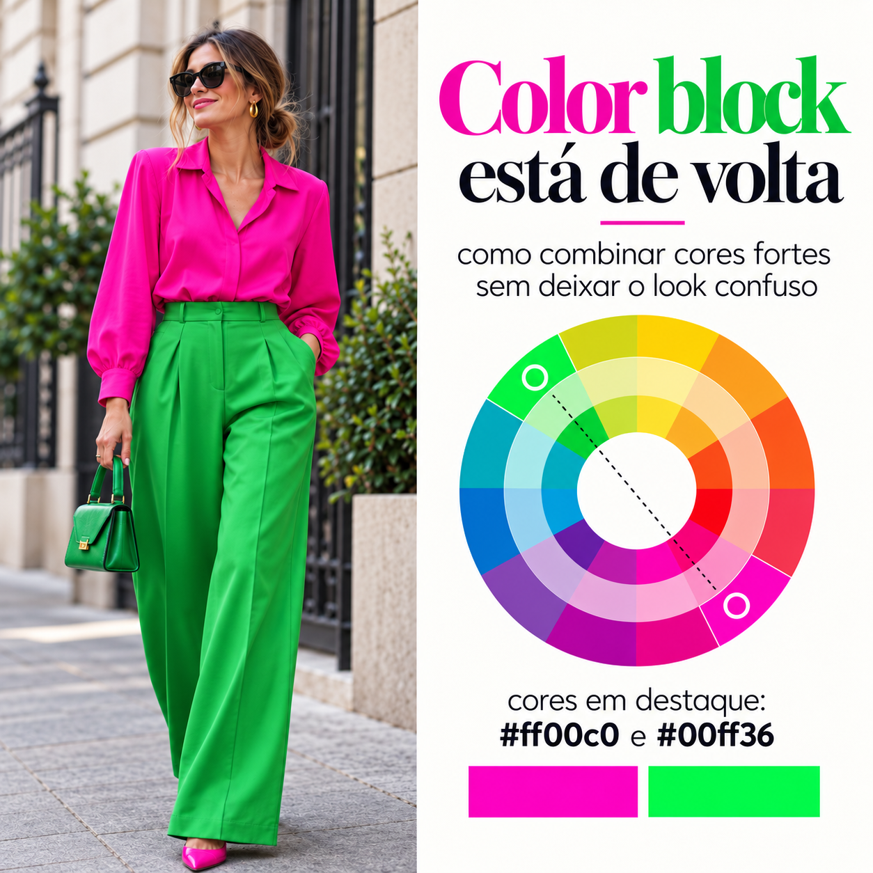 Mulher usando look color block com camisa rosa vibrante e calça verde intensa. Ao lado, círculo cromático destaca a relação entre as cores, com os tons #ff00c0 e #00ff36 e o título “Color block está de volta”.