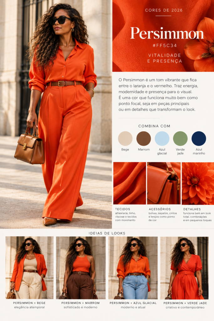 Mulher usando look Persimmon, tom vibrante entre laranja e vermelho, com ideias de combinações em bege, marrom, Azul Glacial, Verde Jade e azul-marinho.
