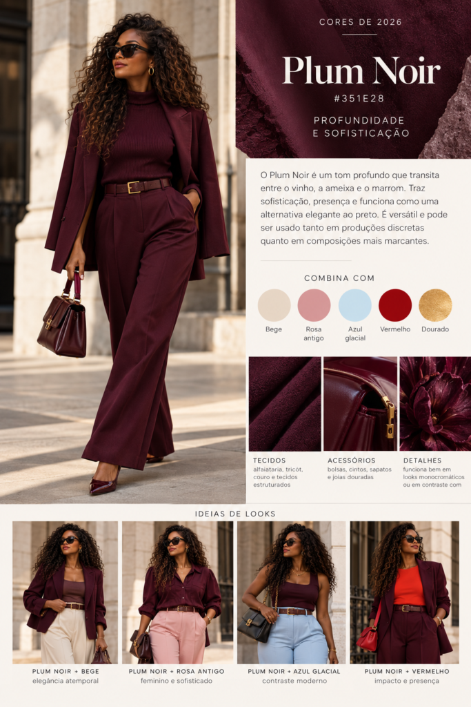 Mulher negra magra com cabelos cacheados usando alfaiataria Plum Noir, tom profundo entre vinho e ameixa, com combinações em bege, rosa antigo, Azul Glacial, vermelho e dourado.