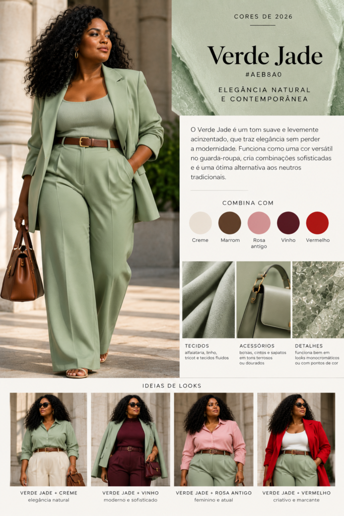 Mulher negra usando conjunto de alfaiataria Verde Jade, uma das cores de 2026, com sugestões de combinações com creme, marrom, rosa antigo, vinho e vermelho.
