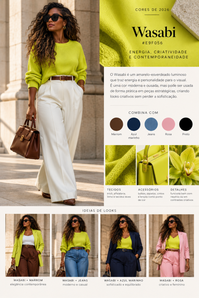 Mulher usando blusa Wasabi, amarelo-esverdeado vibrante tendência de 2026, com ideias de looks combinando marrom, azul-marinho, jeans, rosa e preto.