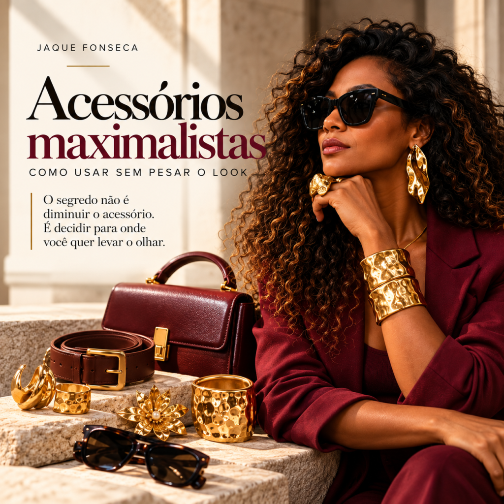 Brincos grandes, braceletes esculturais, broches, cintos marcantes e colares volumosos podem transformar até as roupas mais simples. O segredo não é diminuir o acessório — é entender para onde você quer levar o olhar.