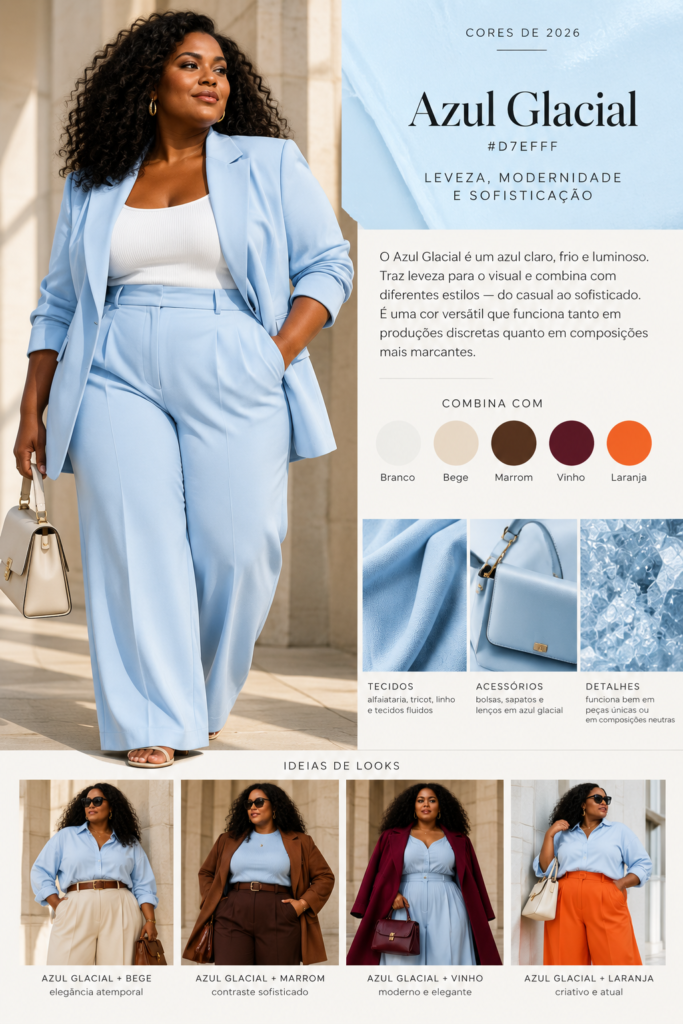 Mulher negra plus size usando conjunto de alfaiataria Azul Glacial, tendência de cor 2026, com sugestões de combinações com branco, bege, marrom, vinho e laranja.