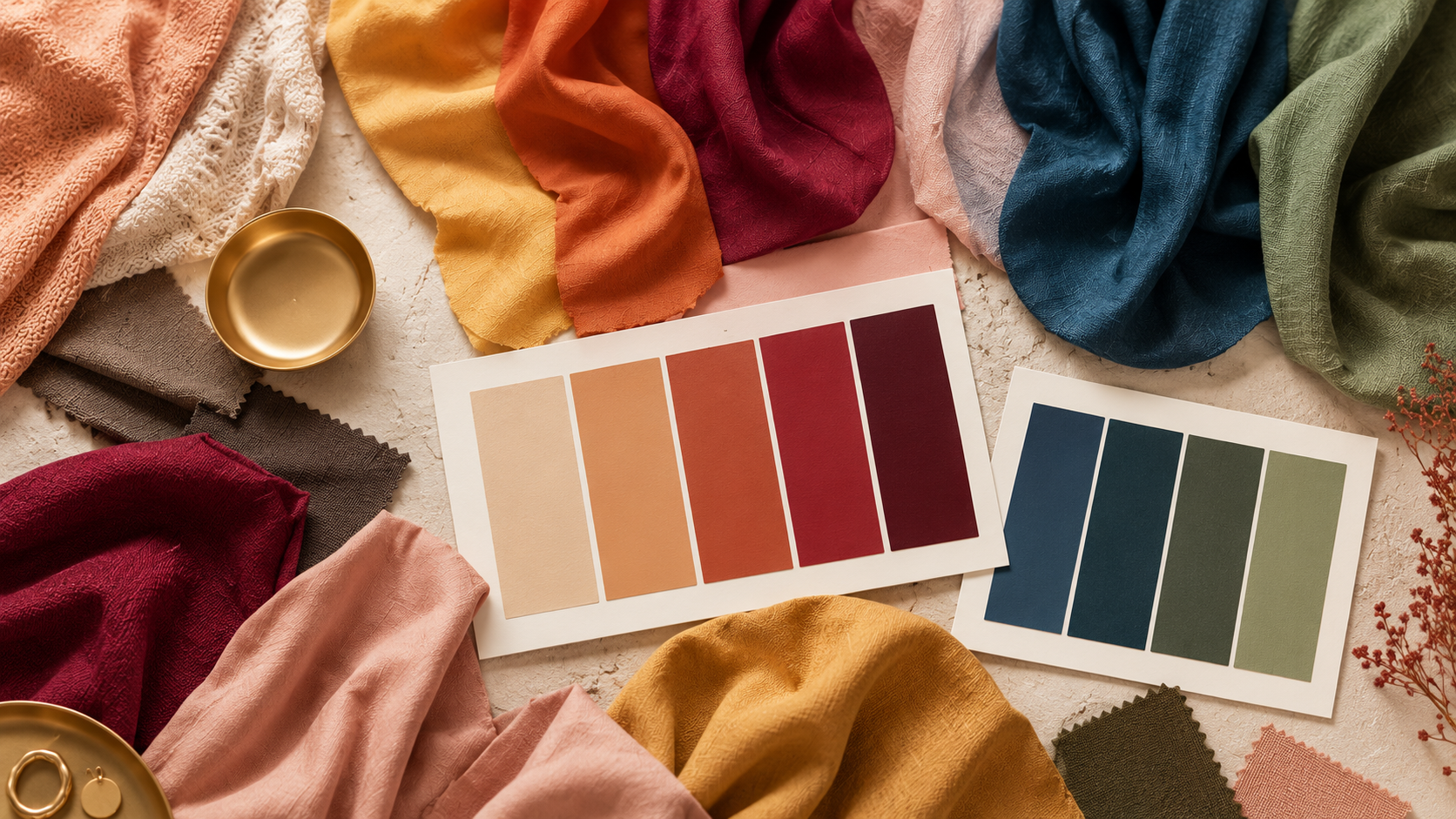 Tecidos e amostras cromáticas representando diferentes combinações de cores
